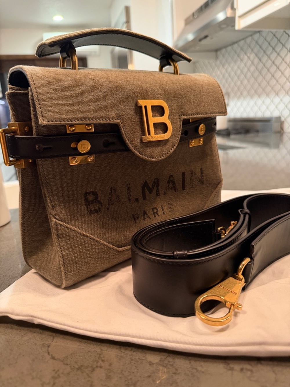 Balmain Olive Canvas Top-Handle Bag with Black Leather Strap & Gold Hardware